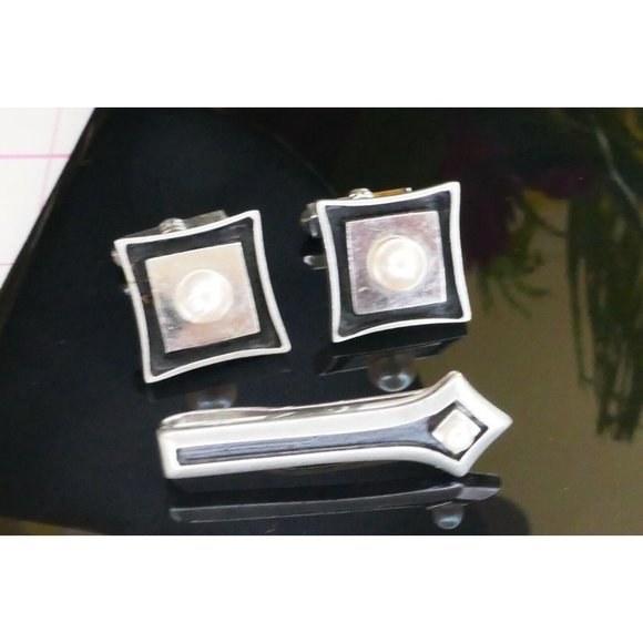 Moderniest MCM Sterling Silver & Pearl Jewelry Set Cufflinks Tie Bar Signed V - Picture 2 of 11
